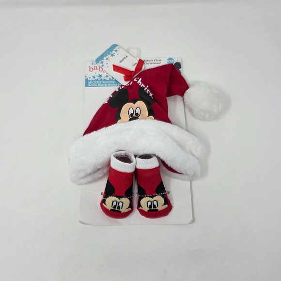 Disney Other - Disney Baby Mickey Mouse My First Christmas Santa‎ Hat and Socks 0-12 Months Red